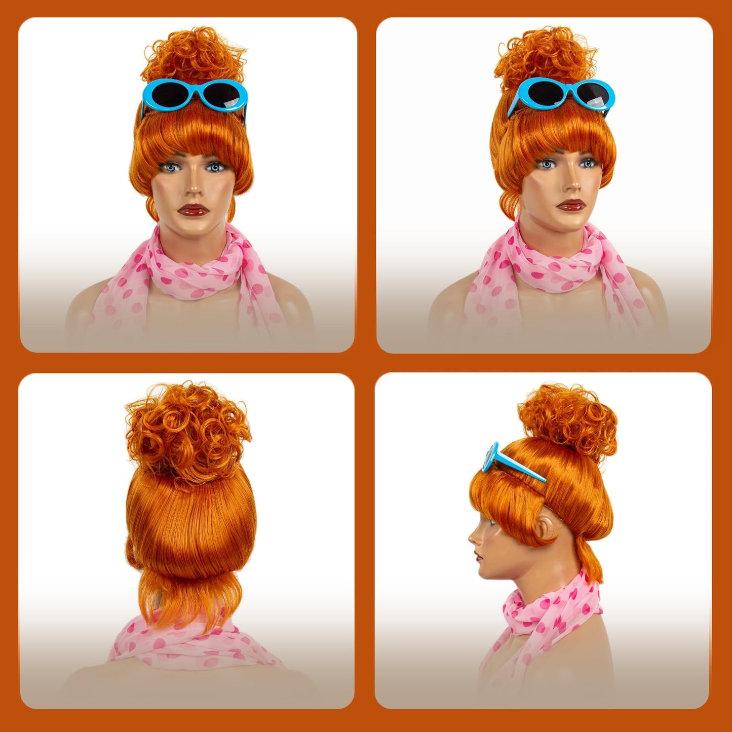 STfantasy Orange Bun Wig with Scarf and Glasses – Stylish & Durable Synthetic Orange Wig for Women, Perfect for Halloween, Cosplay, and Party Accessories