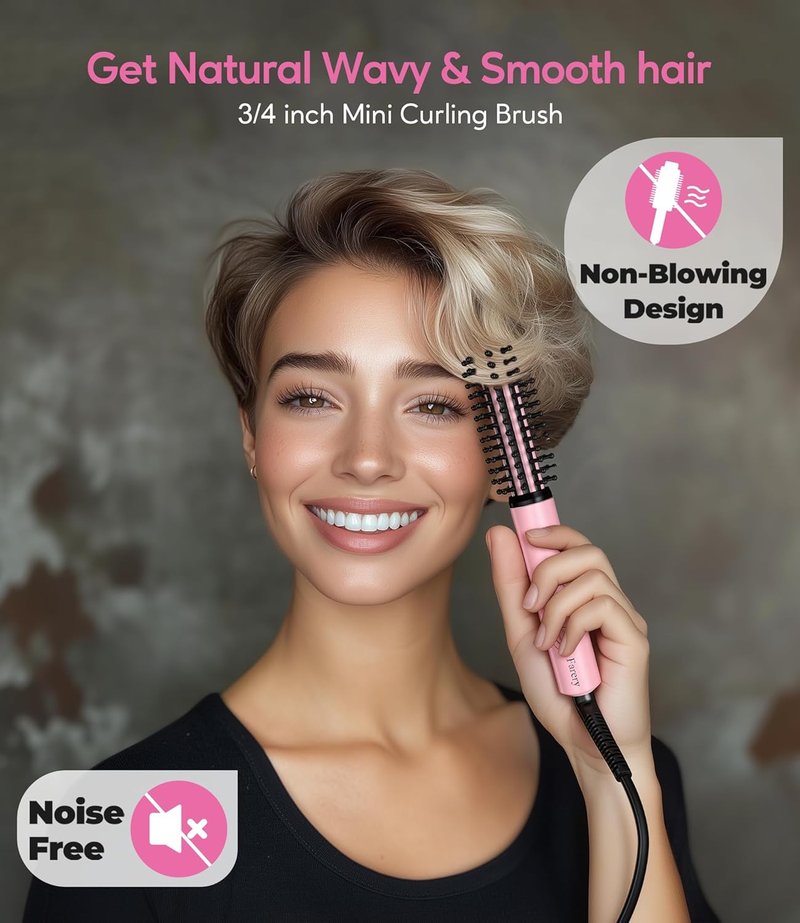 Mini Thermal Brush - 3 Temperature Adjustable Heated Round Brush for Short Hair | Travel Size Curling Iron, Pink 3/4 Inch