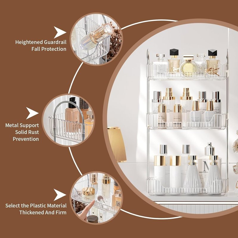 Bathroom Organizer Countertop, Vanity Trays, Skincare Makeup Organizer Shelf, Counter Shelf for Cosmetics, Toiletries, Lotions, Perfumes (3 Tiers, Clear)
