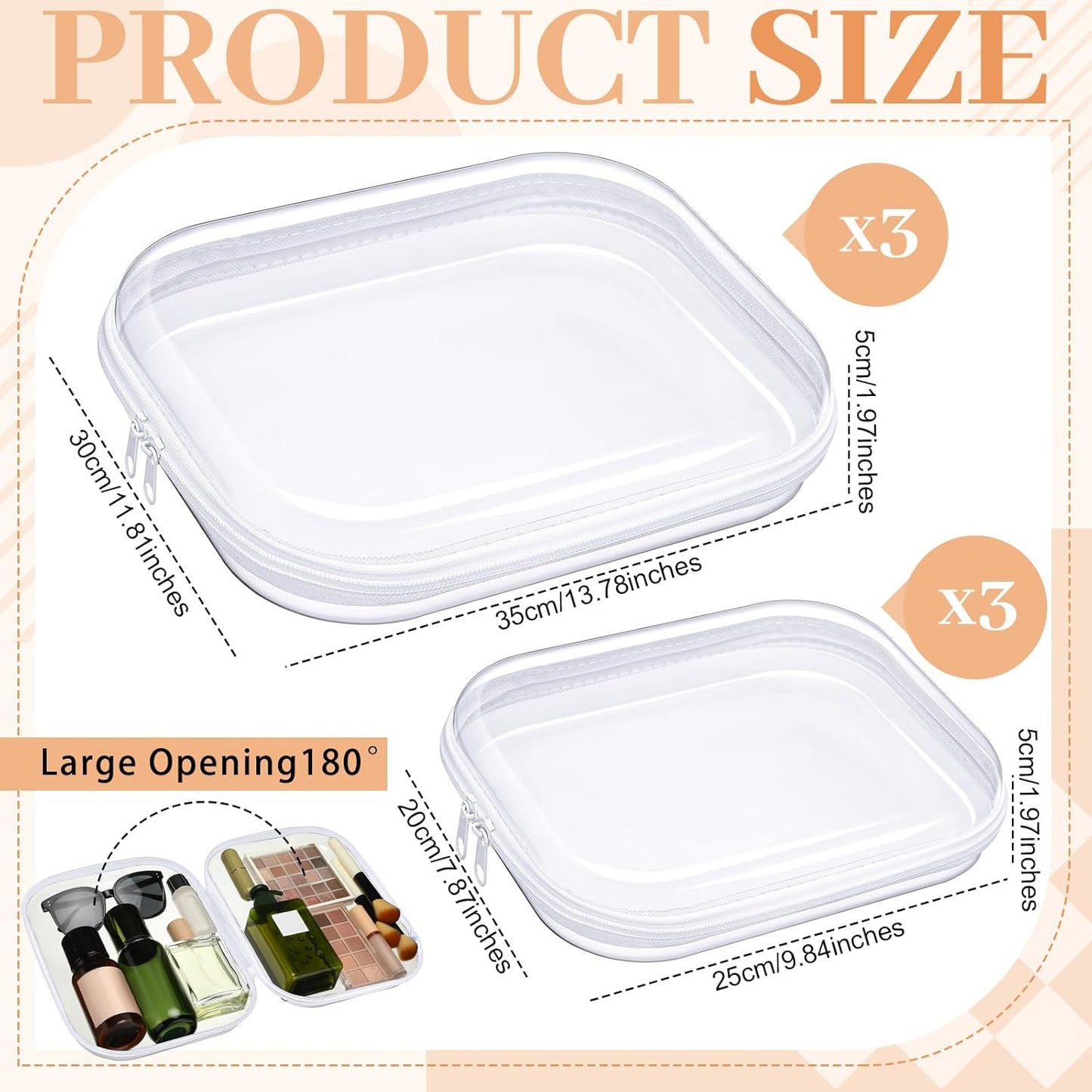**6-Piece Hard Clear Zipper Case Set | Transparent Makeup & Snack Organizer Bags - Portable Travel Storage (White, Large & Medium)**