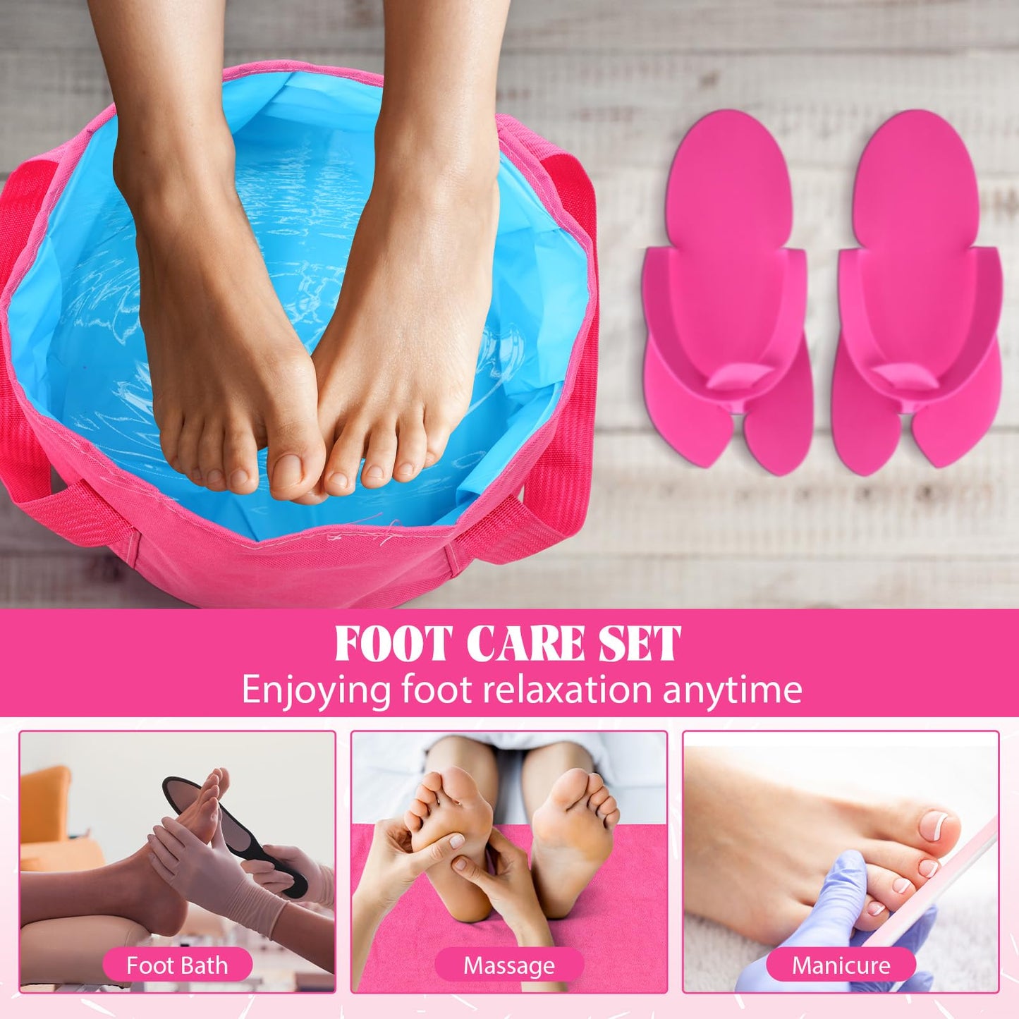 FillTouch 6 Sets Foldable Foot Bath Kit 15L Collapsible Foot Soaking Tub Bathroom Towels Women Adult Foldable Slippers with Storage Bag Spa Soak Pedicure Bath for Travel Camping(Rose Red)