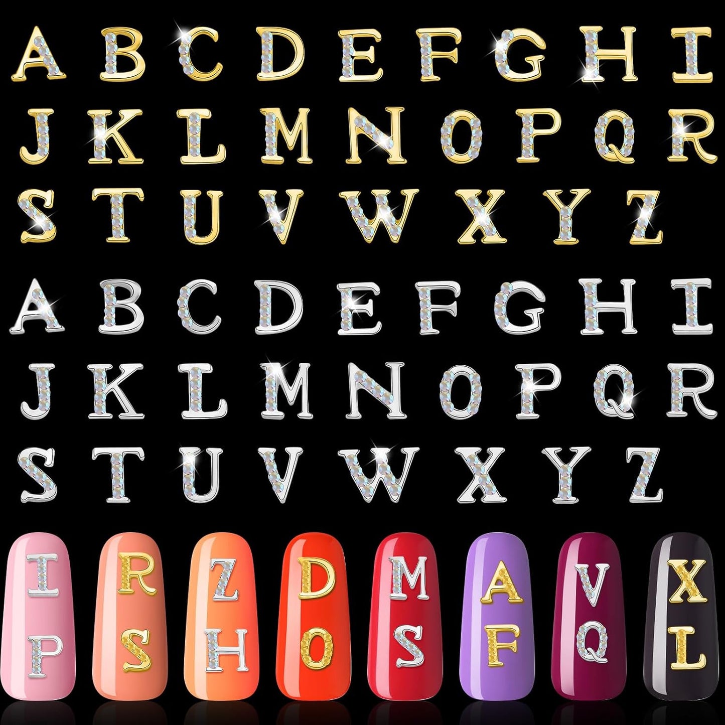 Gold & Silver 3D Letter Nail Charms - 104 Pcs Rhinestone Crystal Alphabet Decals for DIY Fingernail Art