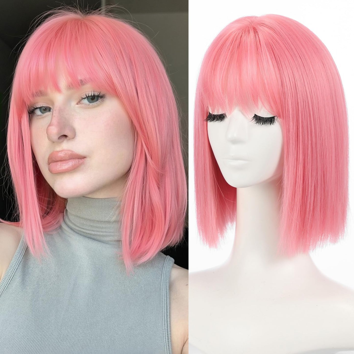 Allbell Pink Bob Wig for Women Short with Bangs 12 inch