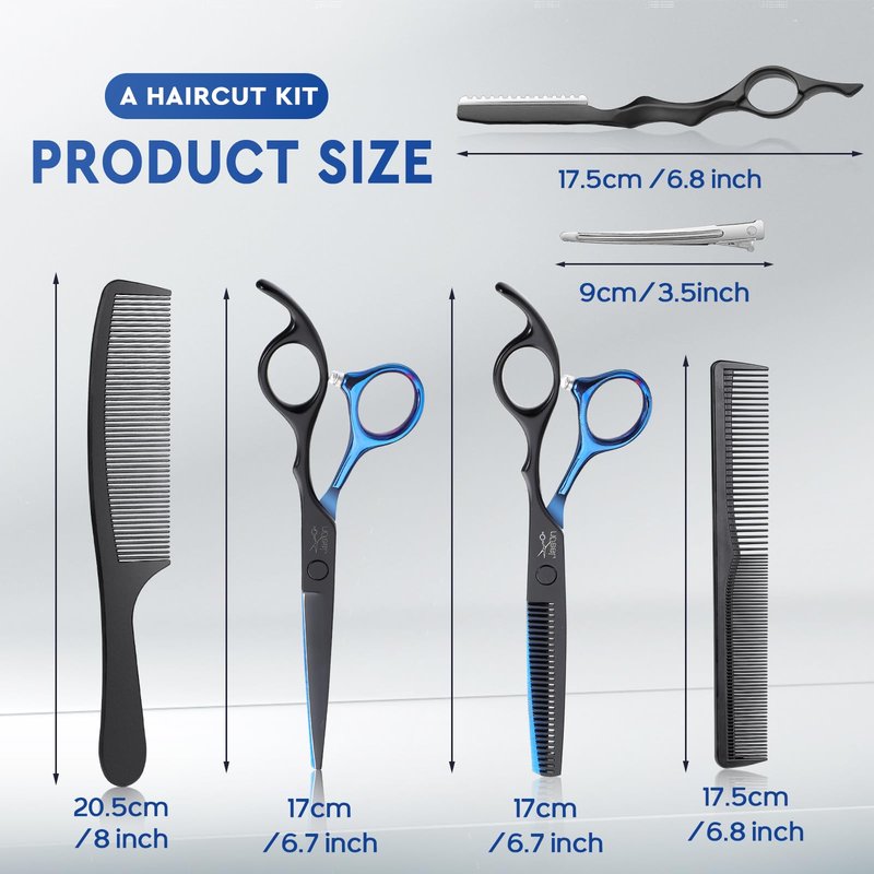 JASON Hair Cutting Scissors Kit - Professional 10 PCS Haircut Scissors Set with Thinning Texturizing Scissors, Straight Shears for Men Women Home Salon Barber 6" Black & Blue