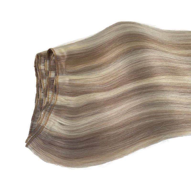 Sew in Hair Extensions Real Human Hair, Ombre Brown to Platinum Blonde Highlighted Weft Hair Extensions Human Hair 80G Double Weft Hand Tied Human Hair Extensions Sew in Bundles 16 Inch