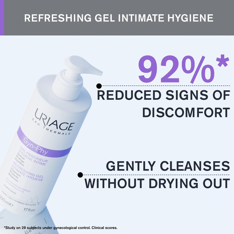 Uriage Gyn-Phy Intimate Wash Refreshing Gel Daily Hygiene For External Itimate Areas, Gently Cleanses & Respects Natural Balance, Foaming Gel, Floral Fragance, Tested Under Gynecological Control