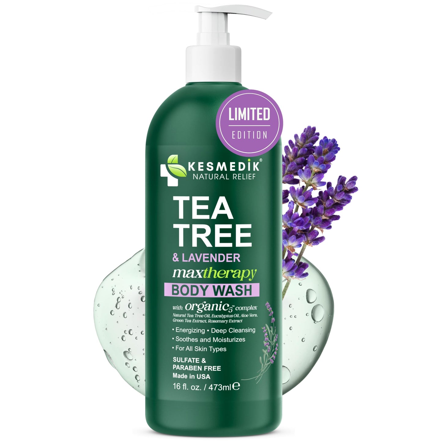 KESMEDIK Tea Tree Lavender Body Wash MaxTherapy, Itchy Skin Relief, Antifungal Defense, Fights Body Odor, Soothes Jock Itch & Athlete's Foot, Intimate Wash, Men & Women, 16 fl oz, Limited Edition
