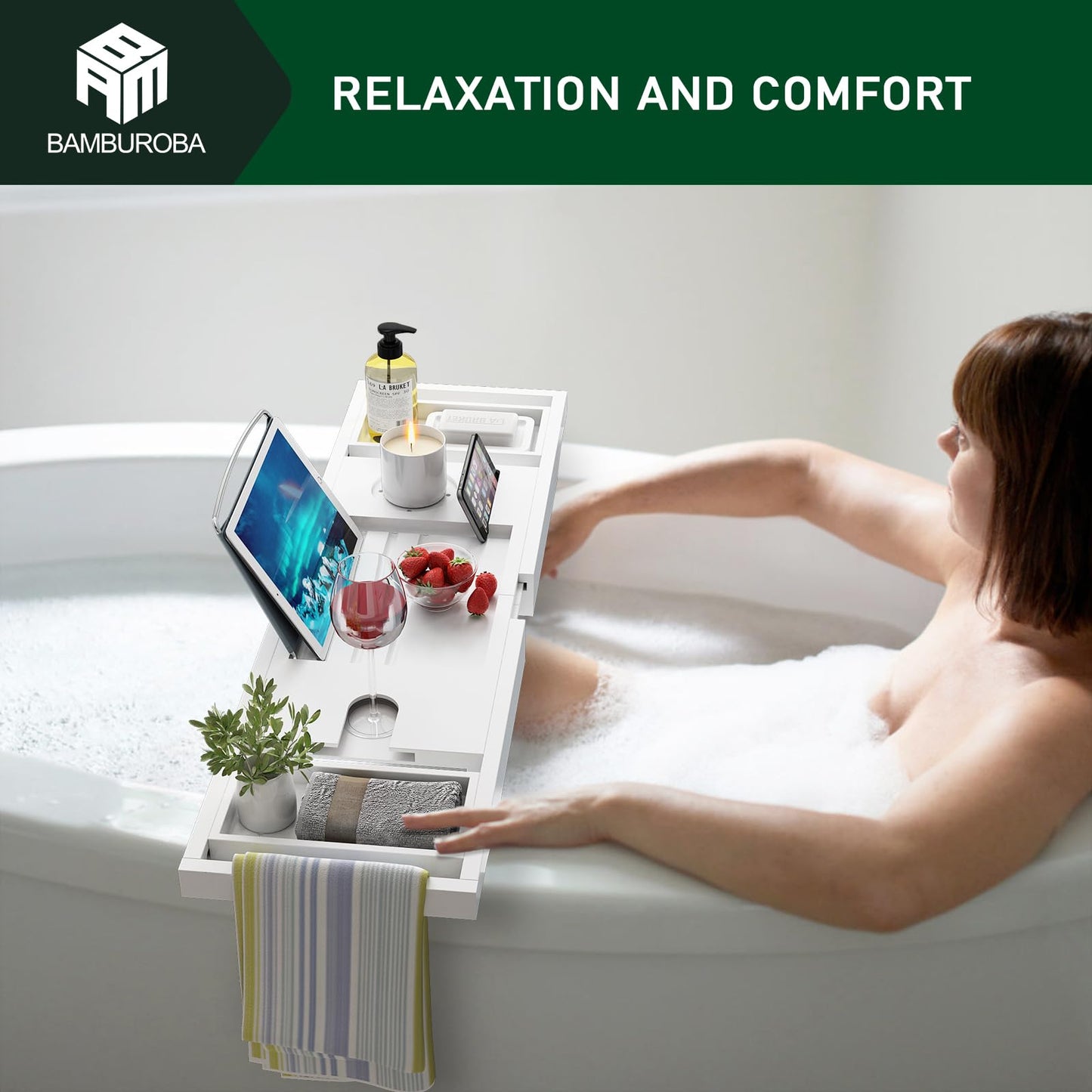 Foldable Bamboo Bathtub Caddy Tray Expandable for Luxury Bath, Bath Accessories & Table with Wine Glass Holder, Book Stand Bathroom Organizer with Extending Sides for Men/Women,White