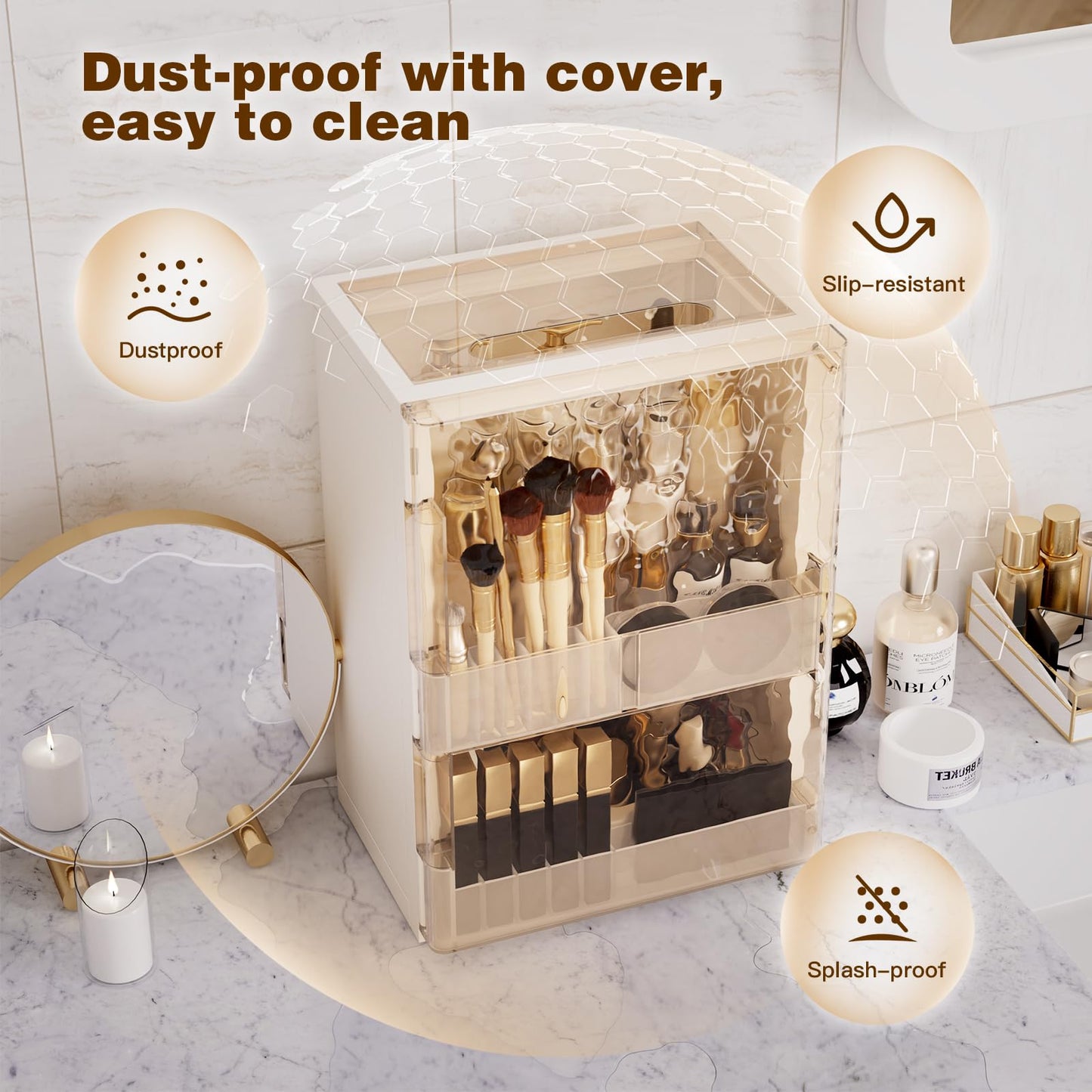 AERCIINC Makeup Organizer with Drawers and Lid, Large Skincare Organizer for Vanity, Dustproof Cosmetic Organizer and Makeup Storage Box with Brush Holder for Dresser, Bathroom Countertop
