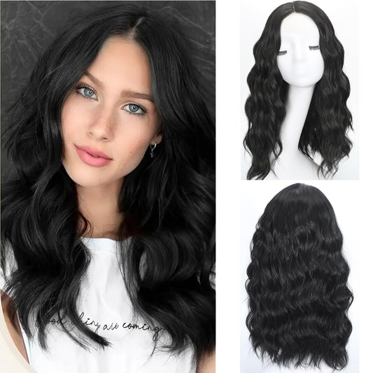 QJBMHH Black Wigs for Women 18 Inch Medium Length Short Wavy Wig Middle Part Synthetic Heat Resistant Natural Looking for Daily Party Halloween Use