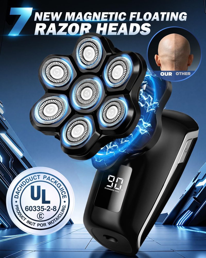 Electric Head Shaver for Bald Men - 7D Floating Blades, IPX7 Waterproof | Rechargeable & Detachable Design