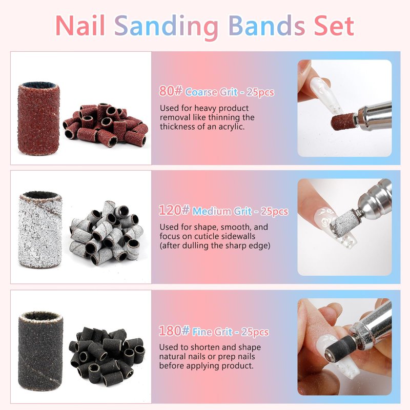 BQAN Nail Drill Bits Set, 10Pcs 3/32 In Drill Bit for Nail Tech Ceramic Diamond Bits with 75Pcs Nail File Sanding Bands for Remove Cuticle Acrylic Polish Nails Manicure