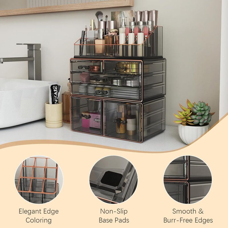 3-Tier 6-Drawer Makeup Organizer - Countertop Cosmetic Storage for Dresser & Vanity | Black with Gilded Borders