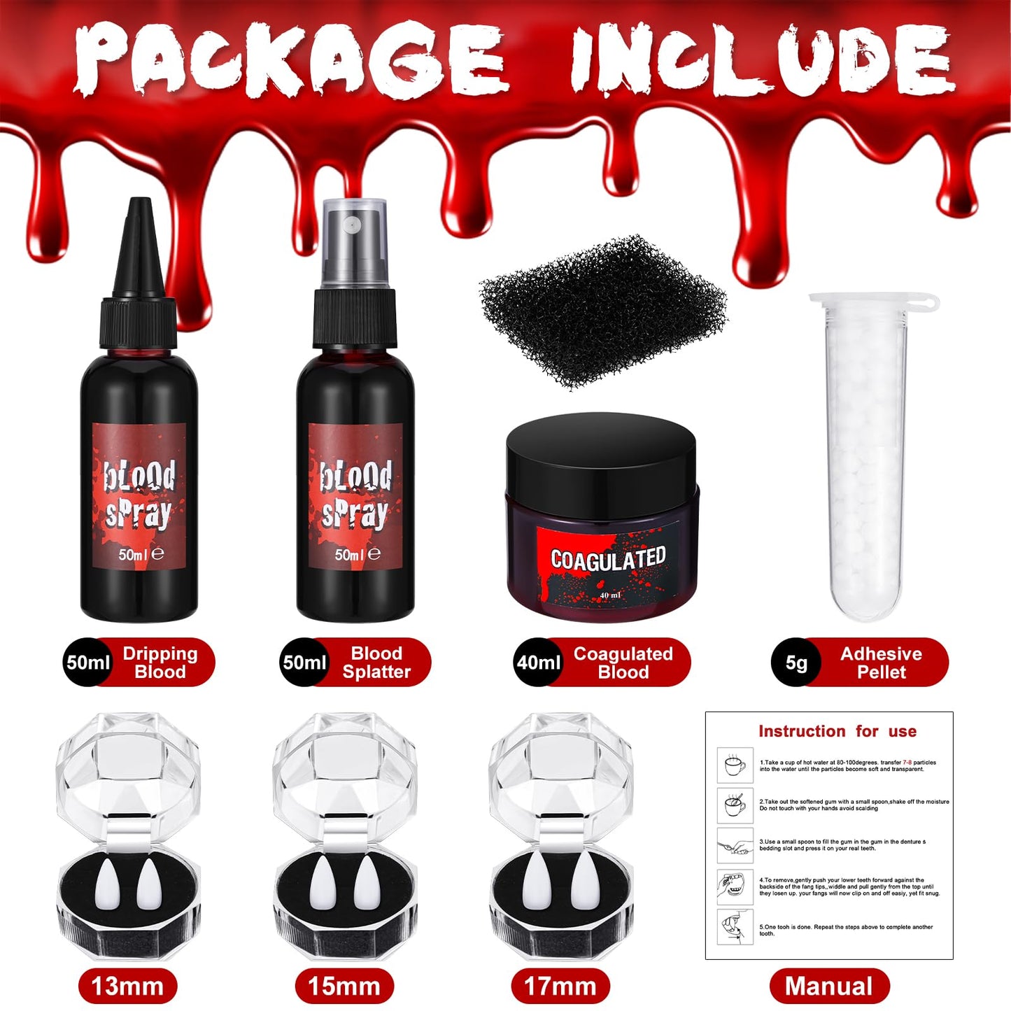 7 PCS Halloween Fake Blood Makeup Kit 3 Size Vampire Teeth Fangs Fresh Red Fake Blood Spray Realistic Coagulated Blood for Party Monster Zombie Cosplay