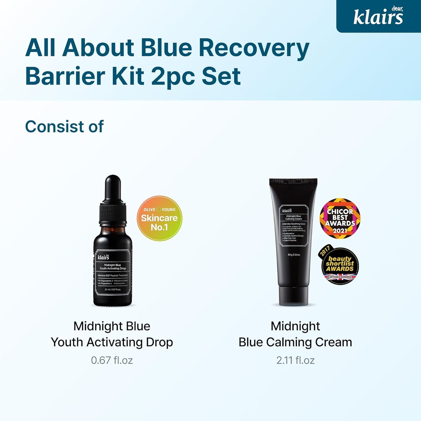 DearKlairs Midnight Blue Barrier Soothing Kit - Oily & Sensitive Skin Care Duo | Calming Drop & Cream (2.78 Fl Oz)