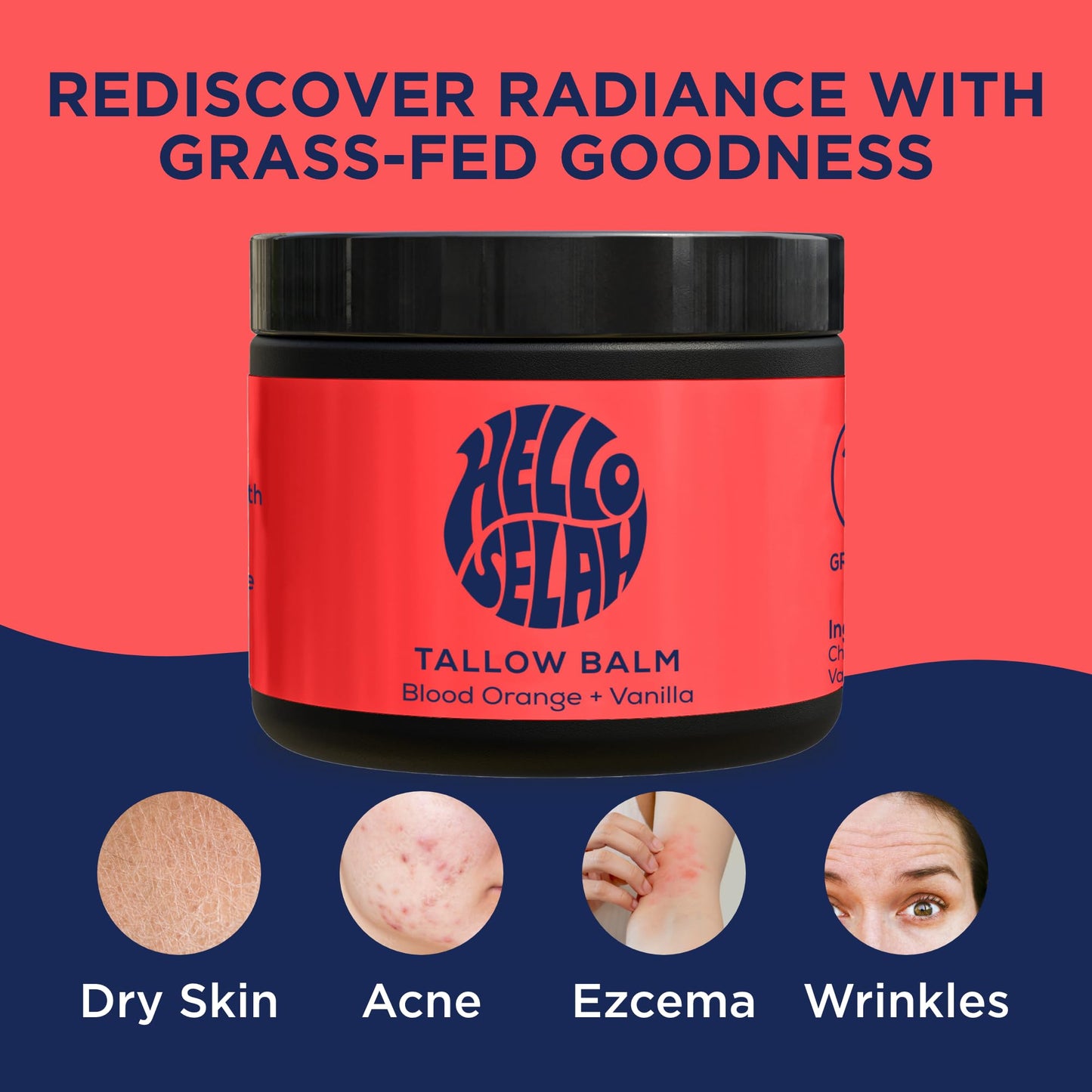 Hello Selah Blood Orange + Vanilla Tallow Balm – Luxurious Moisturizer for Soft, Glowing Skin | 100% Grass-Fed, Organic Face & Body Balm | Uplifting Citrus-Vanilla Aroma, Non-Toxic (Made in the USA)