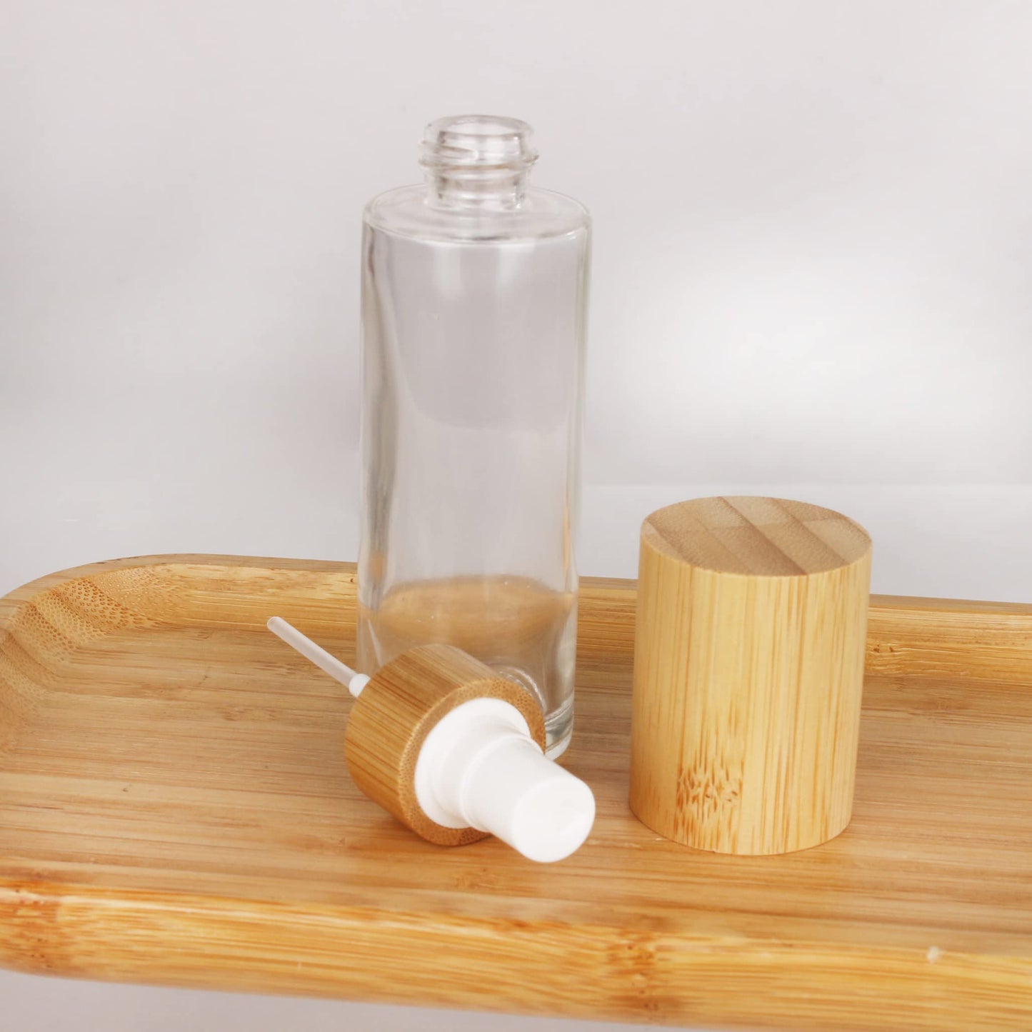 COSIDEA 6 pcs Empty 2oz /60ml bamboo lid clear glass spray bottle with fine mist despenser head for liquid perfume toiletries containers, toner bottles