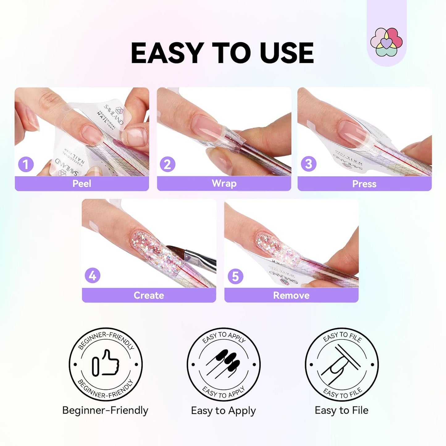 SAVILAND Plus Nail Forms - Reusable Sticky Nail Extension Forms for Builder Gel & Acrylic | Precise Length Guide
