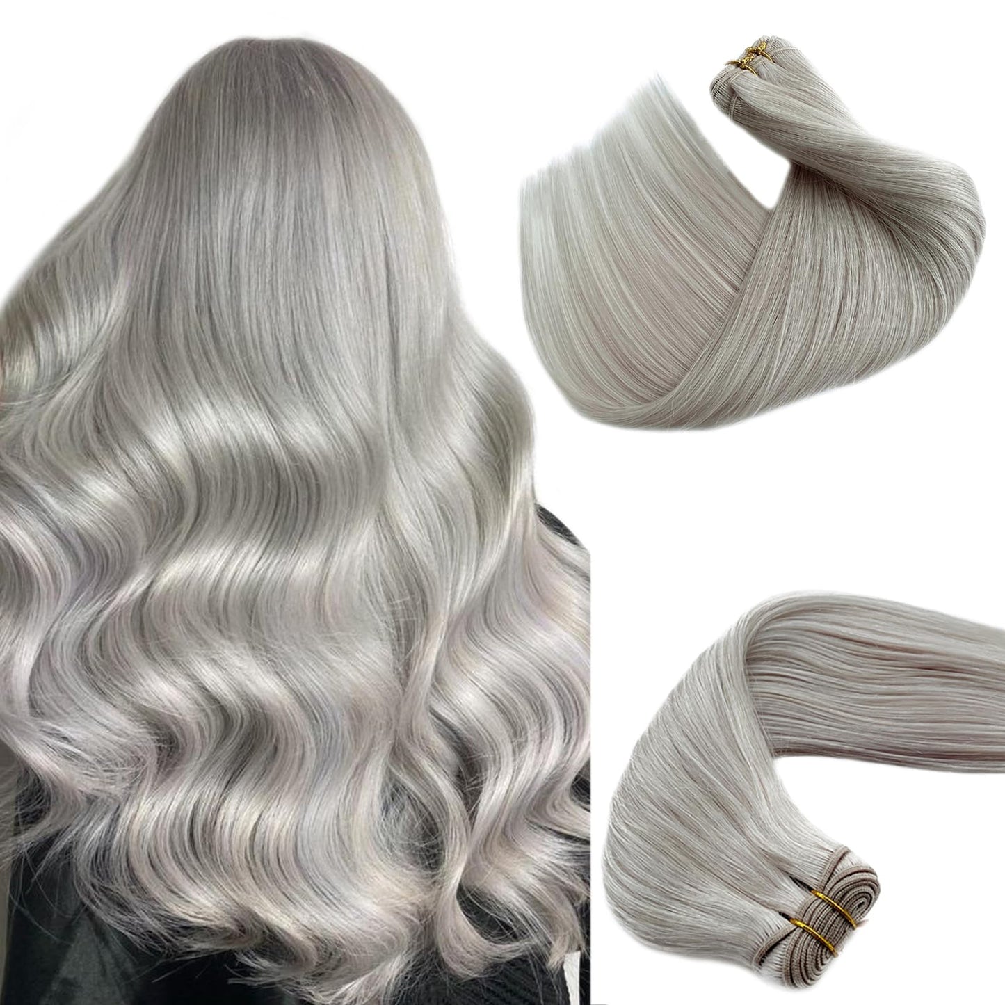 Benafee Sew in Hair Extensions Real Human Hair, Platinum Silver Natural Weft Hair Extensions Remy Hair Weave Bundles 12” 80G Human Hair Weft Extensions Sew in Weave Bundles Brazilian Hair Double Weft