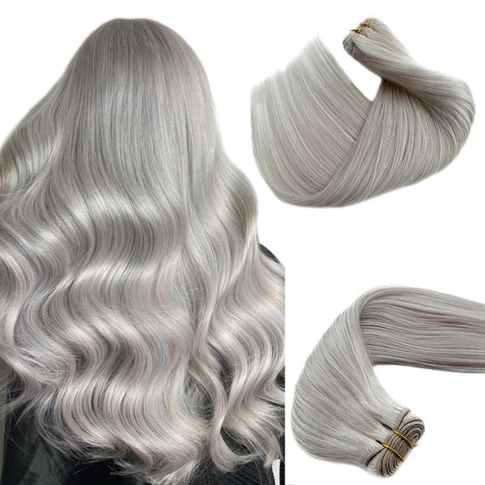 Benafee Sew in Hair Extensions Real Human Hair, Platinum Silver Natural Weft Hair Extensions Remy Hair Weave Bundles 12” 80G Human Hair Weft Extensions Sew in Weave Bundles Brazilian Hair Double Weft