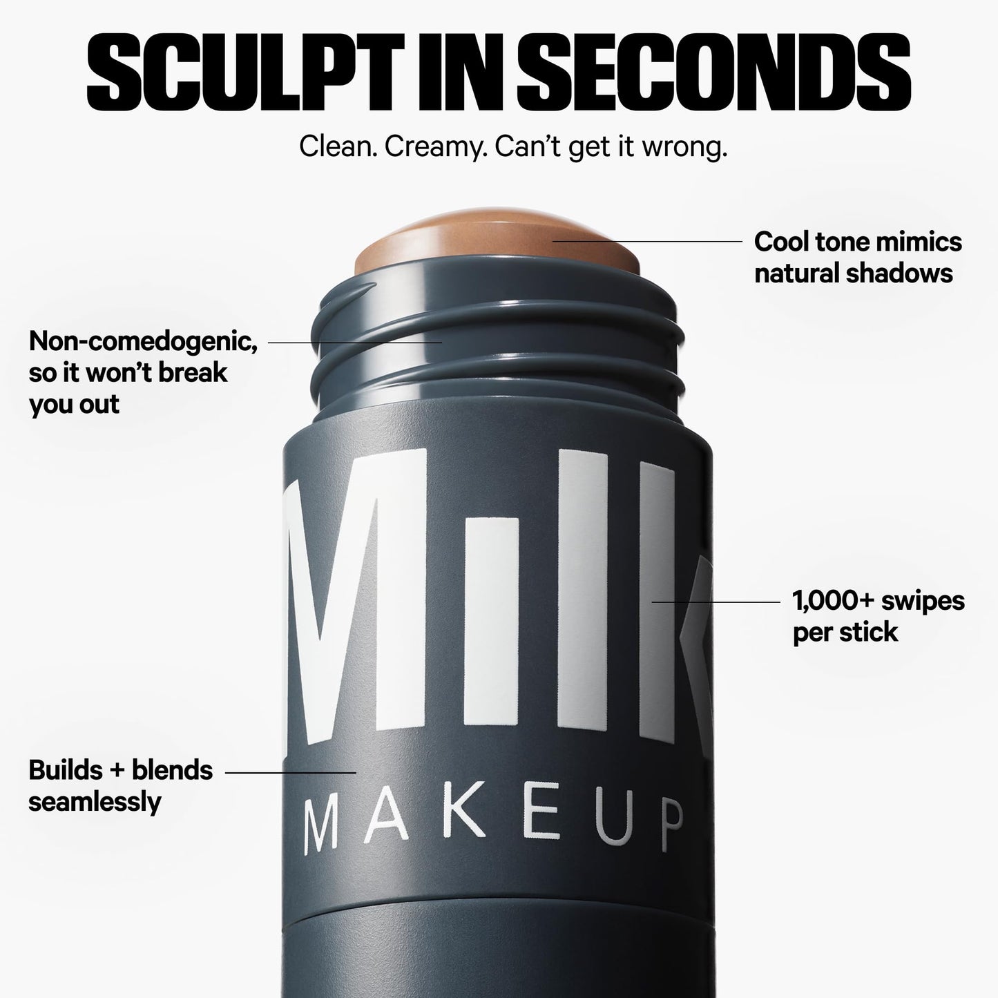 Milk Makeup Sculpt Stick – Cool-Toned Cream Contour Stick Adds Depth, Dimension + Shape for Natural-Looking Shadows – Hydrating, Buildable Formula w/Thyme Extract – Simmer (Tan to Deep), 0.19 oz