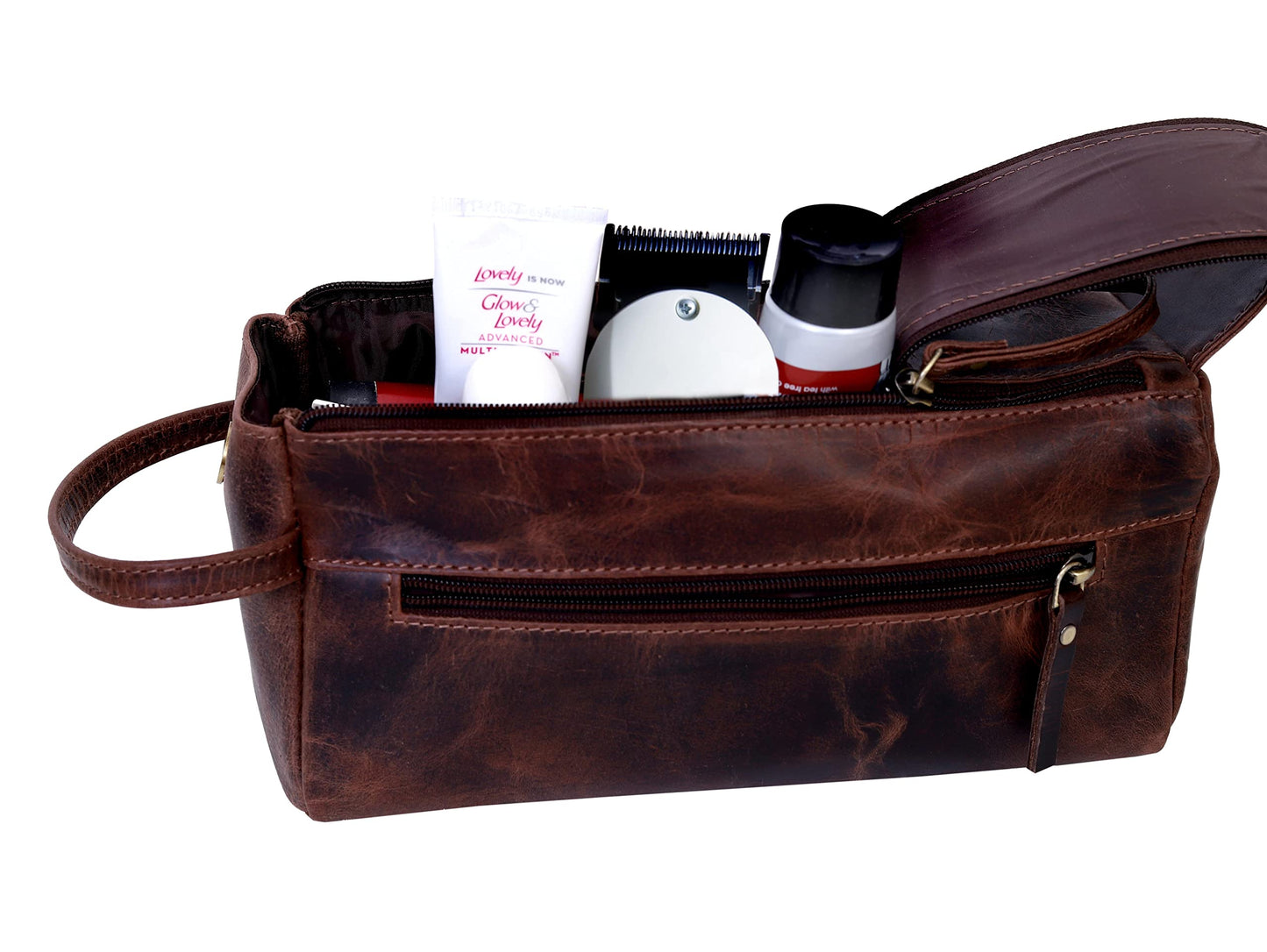 Genuine Buffalo Leather Unisex Toiletry Bag Travel Dopp Kit
