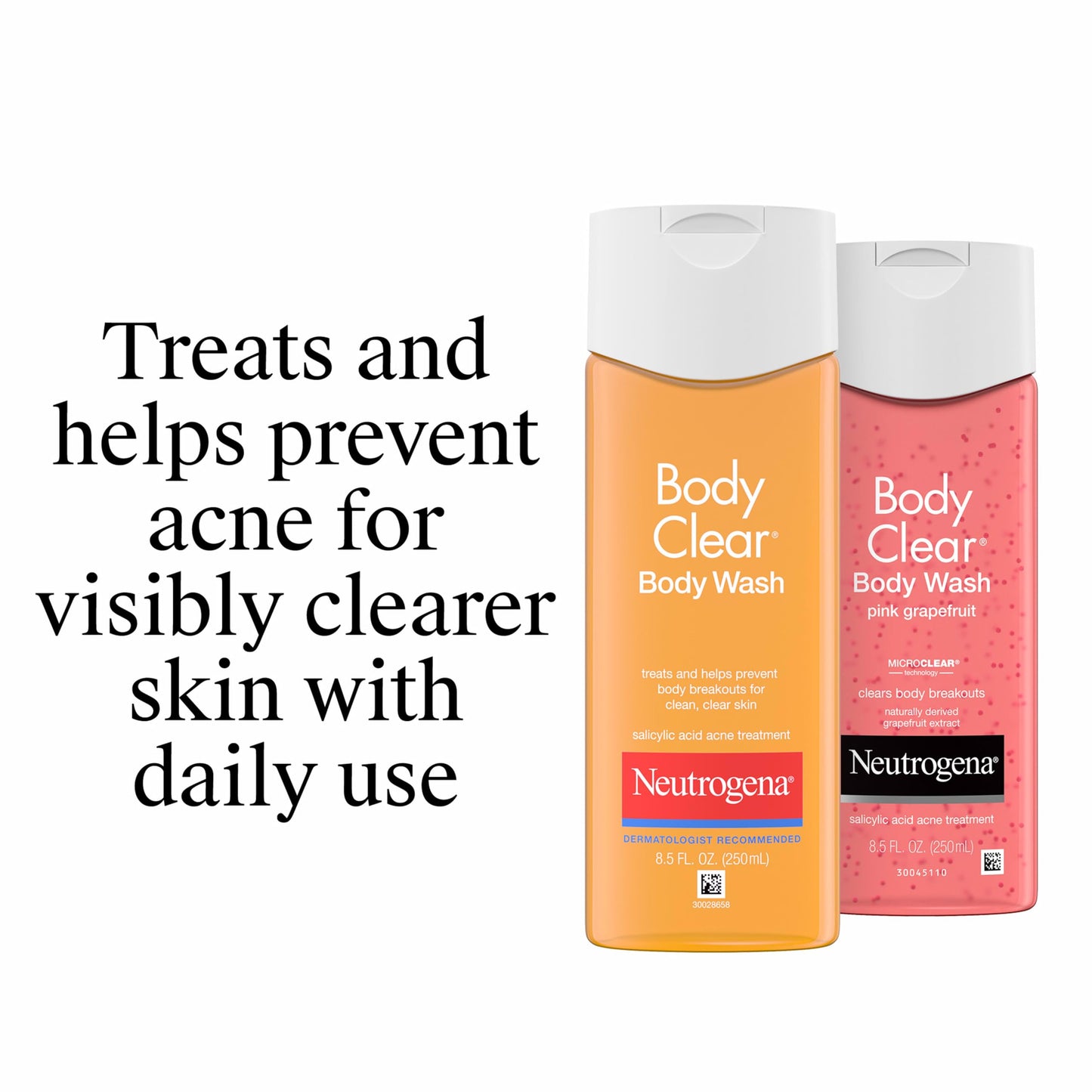 Neutrogena Body Clear Acne Body Wash, 2% Salicylic Acid Acne Medication, Oil-Free & Glycerin for Breakouts on Back, Chest & Shoulders, Non-Comedogenic, Gentle on Skin, Unscented, 8.5 Fl Oz, 3 Pack