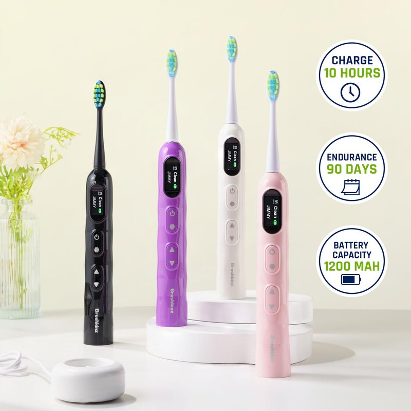 BRUSHKINZ Electric Toothbrush for Adults, Battery Operated Rechargeable Sonic Toothbrush, Travel Tooth Brush Set with 4 Replacement Toothbrush Heads & Case, Wireless Charging Lasts 90 Days, White