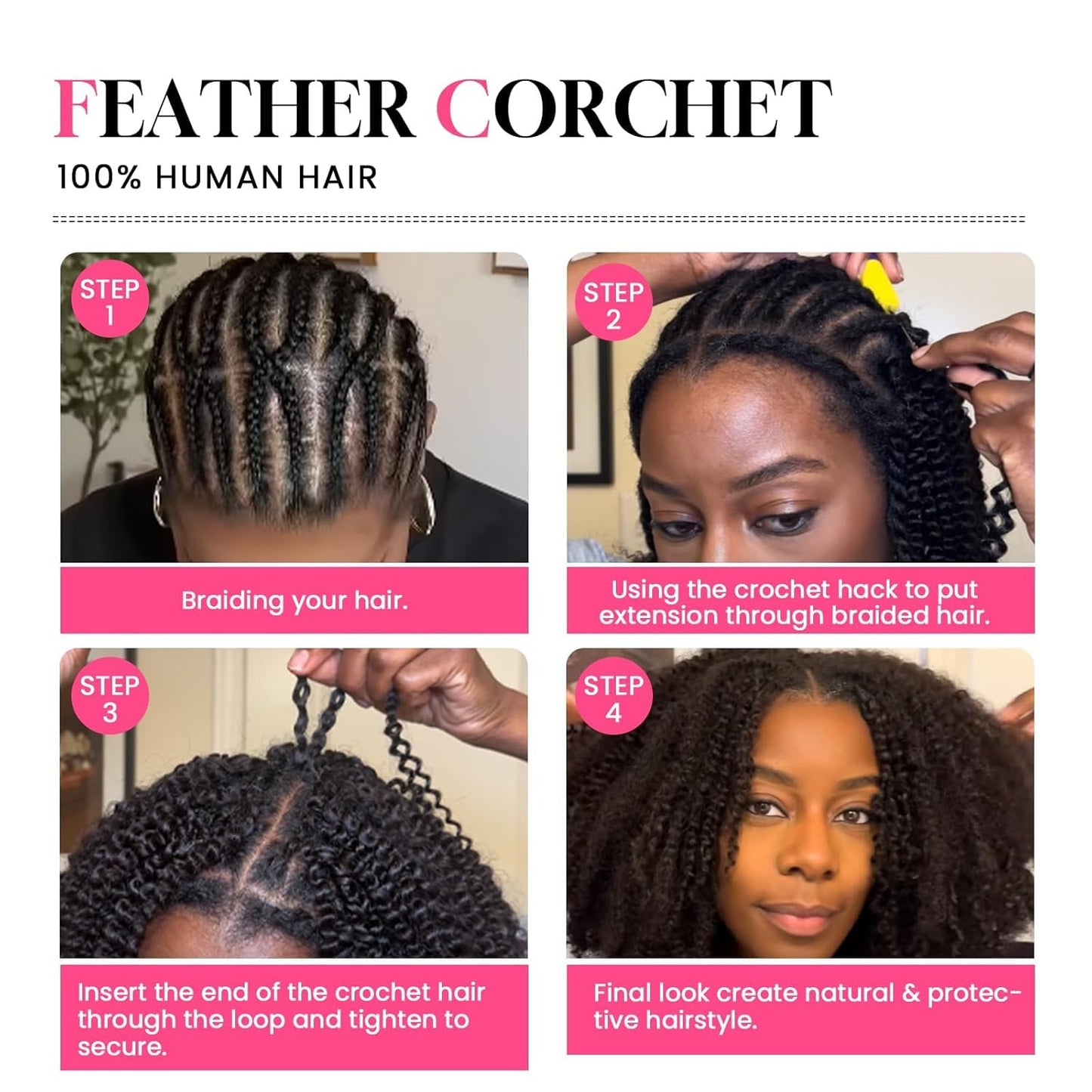 Burmese Curly Feather Crochet Braid Hair Extensions - 100% Real Human Hair, Knotless, 14 Inch, Natural Black