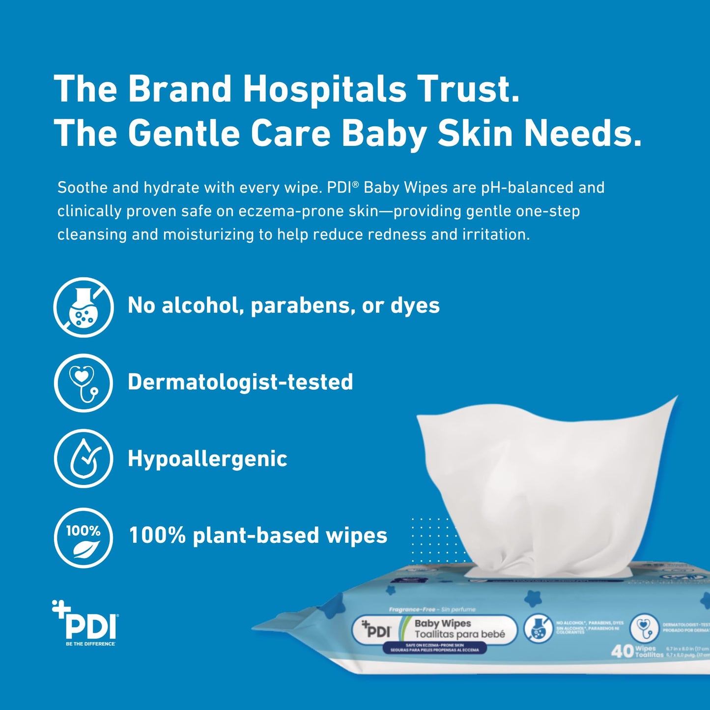 PDI Baby Wipes, Hypoallergenic, Eczema Safe, Fragrance Free, Plant-Based Wipes, 12 Packs of 40 Wipes Each (480 Total)