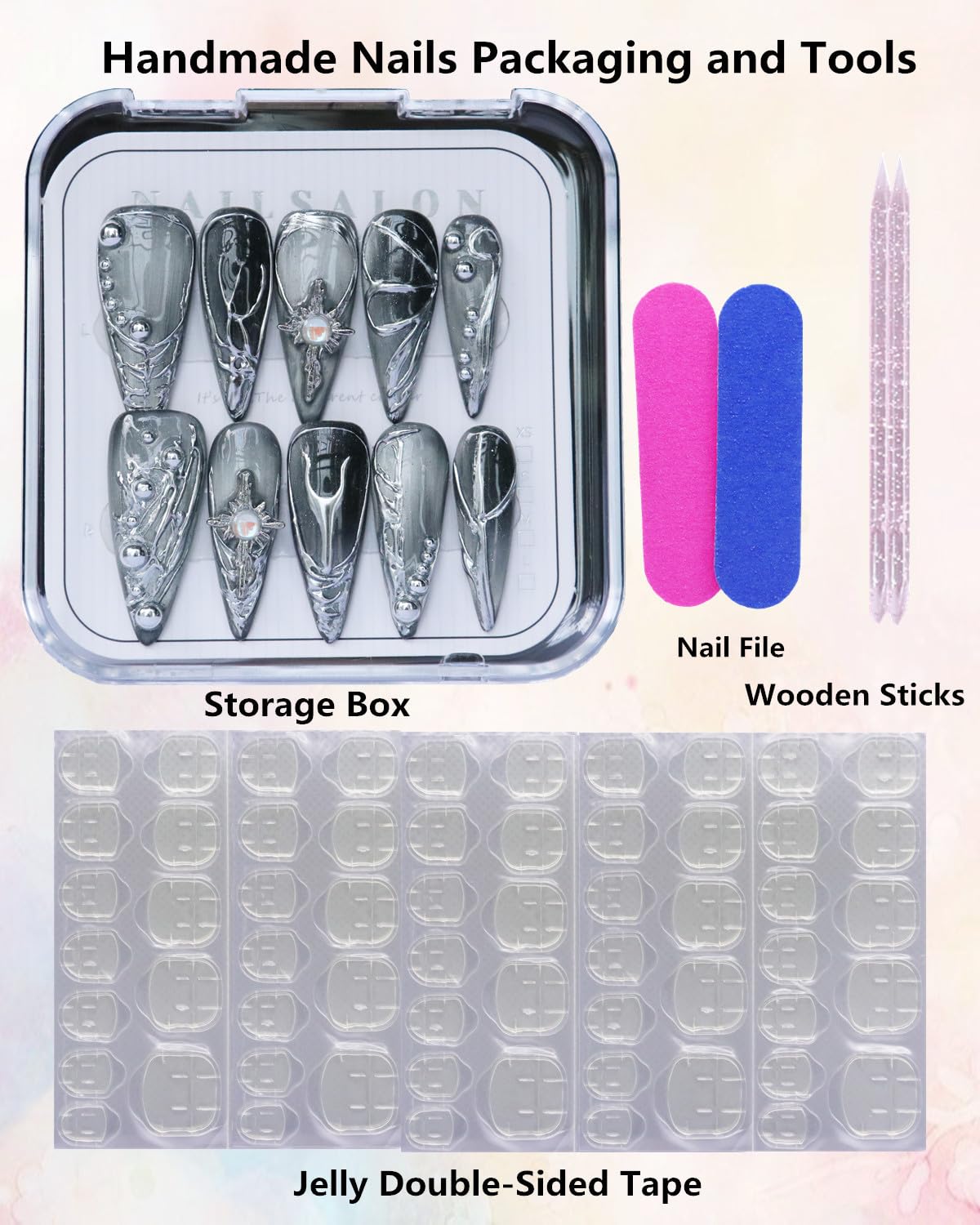 CAMILCY Luxury Handmade Press On Nails Gray Silver Gradient Almond 3D Design Long Stiletto Fake Nails Salon Quality Reusable Acrylic Nails for Women (B07, M)