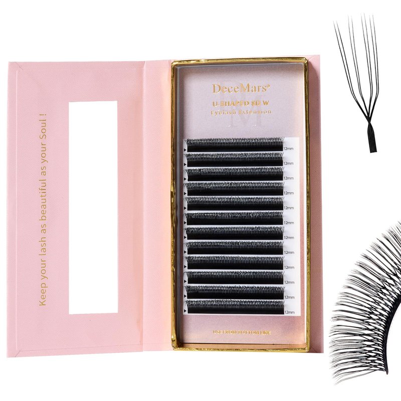 DeceMars 8D U Shaped Eyelash Extensions Easy Fans Double Tips 4D Russian Volume Crisscross Eyelashes Natural Soft YY Lash Extensions Handwoven Mesh Wispy Clusters Matte Black-0.07mm-D-8-15mm Mix