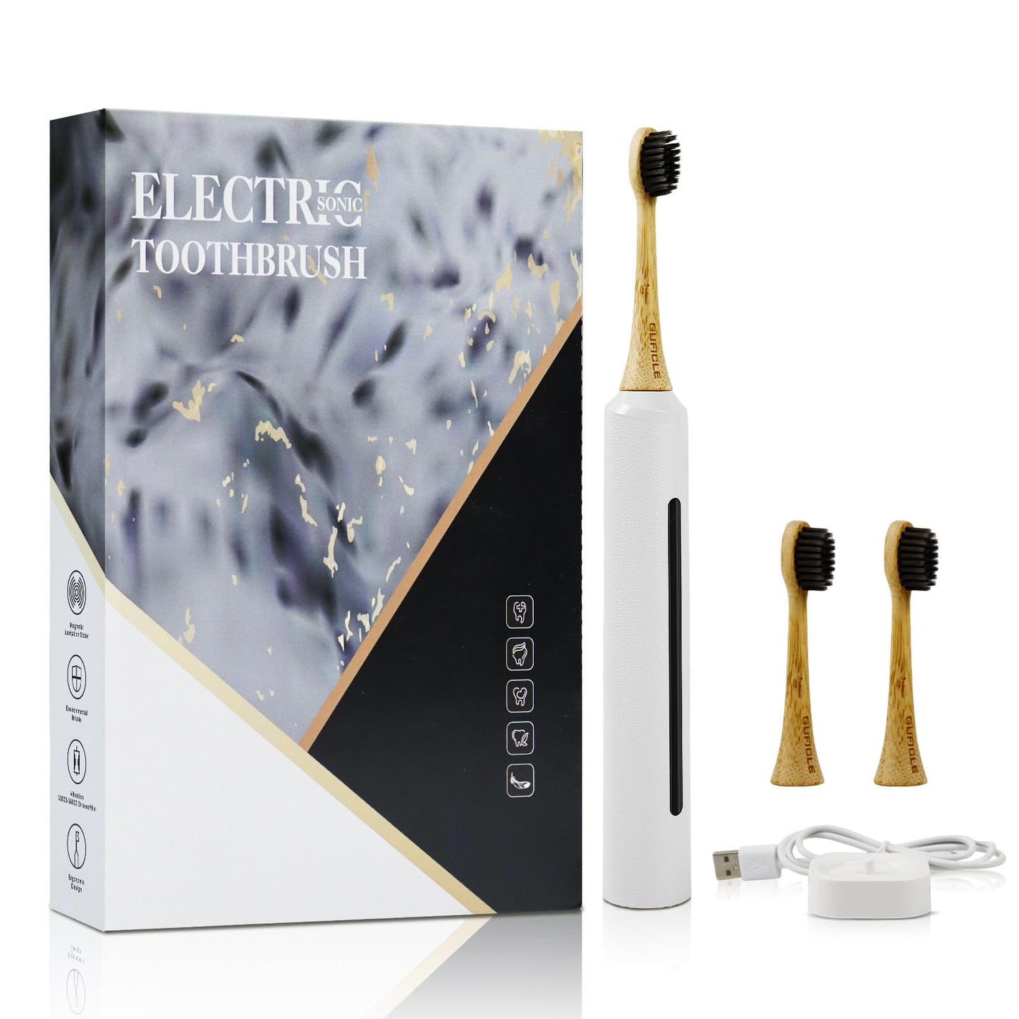 GUFICLE Bamboo Electric Toothbrush for Adults丨Rechargeable Electric Toothbrush with 3 Non Toxic Charcoal Infused Bamboo Brush Heads, 5 Cleaning Modes, 60 Days Battery Life, IPX7 Waterproof-White