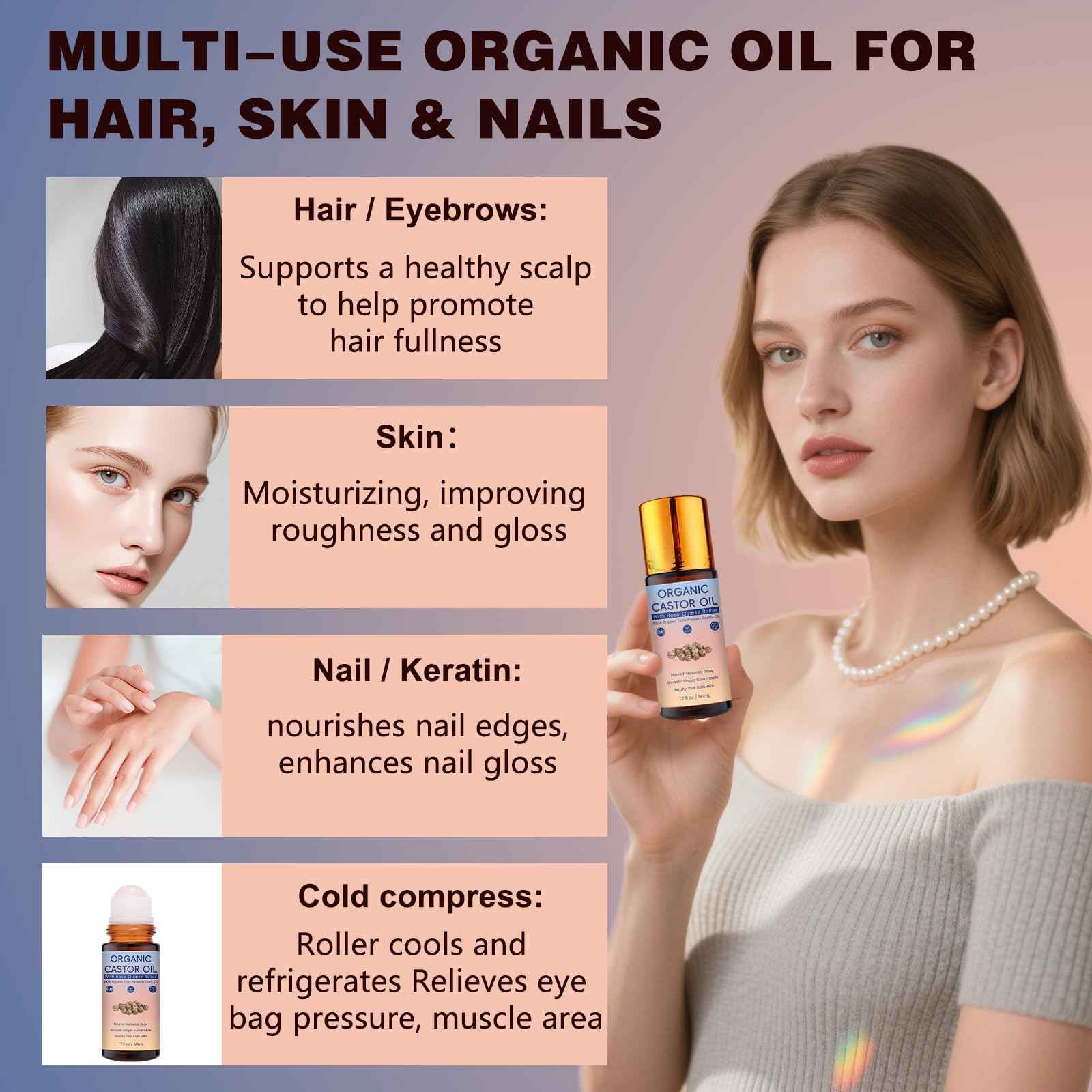 LkknQget Organic Castor Oil with Rose Quartz Roller,100% Pure Cold-Pressed Organic Castor Oil Roller Ball,Face & Skin Moisturizing, Reducing Dark Circles,Nail and Cuticle (1PCS, 1)