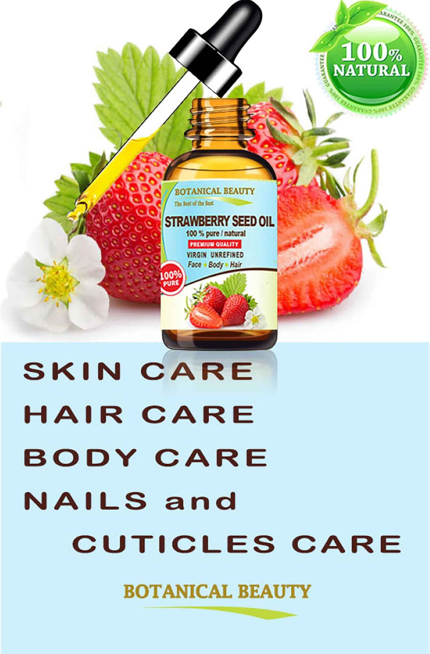 Botanical Beauty STRAWBERRY SEED OIL. 100% Pure Natural Virgin Unrefined Cold Pressed Carrier Oil 0.5 Fl Oz- 15 ml. for FACE, SKIN, BODY, DAMAGED HAIR, NAILS. Rich in Omega-3, Vitamin C, Vitamin E