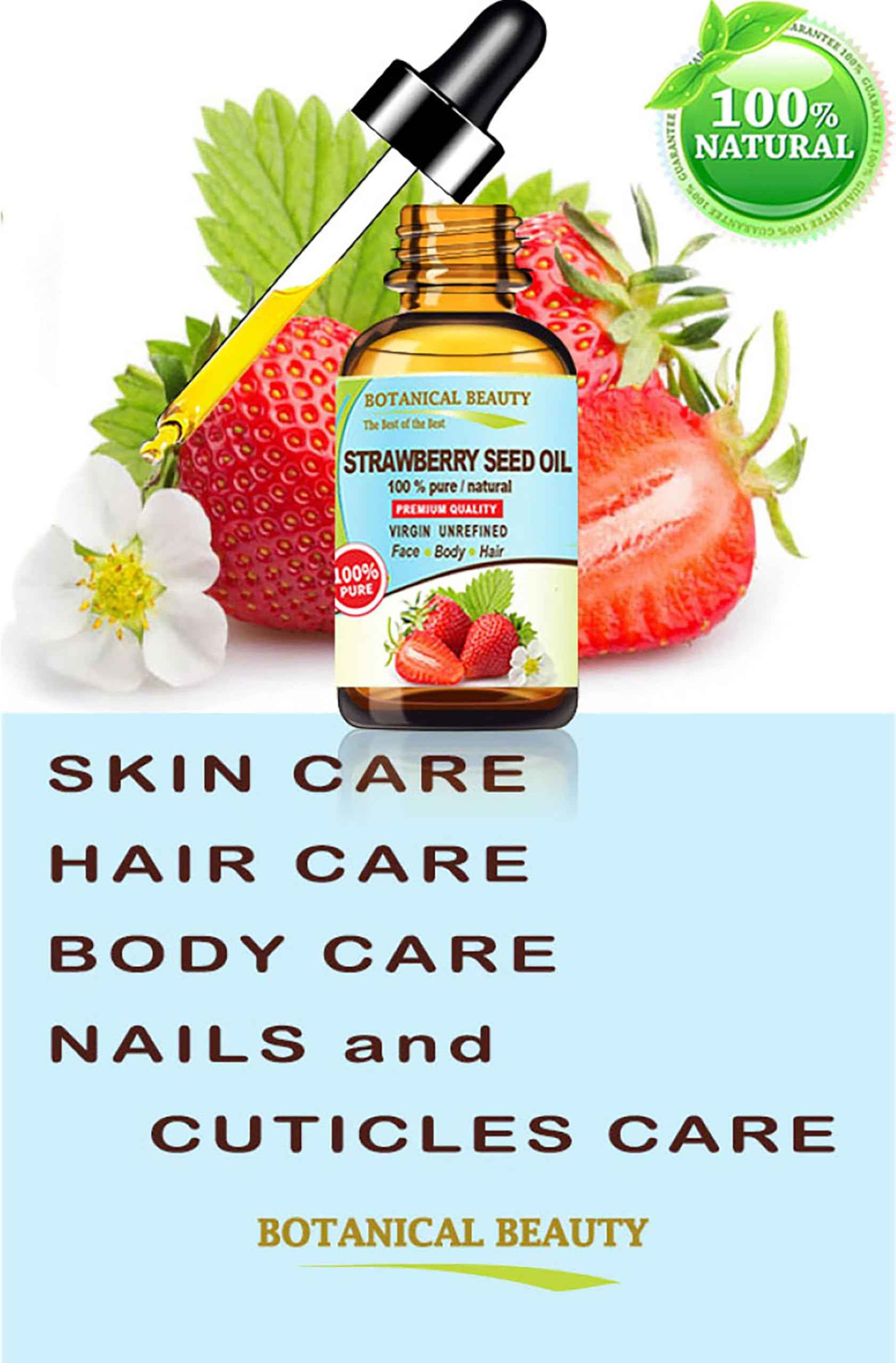 Botanical Beauty STRAWBERRY SEED OIL. 100% Pure Natural Virgin Unrefined Cold Pressed Carrier Oil 0.5 Fl Oz- 15 ml. for FACE, SKIN, BODY, DAMAGED HAIR, NAILS. Rich in Omega-3, Vitamin C, Vitamin E
