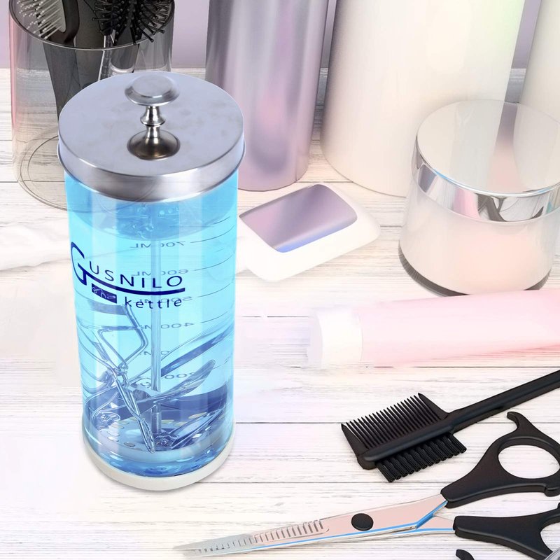 Comb-shaped Salon Disinfectant Jar (42 Oz) by Gusnilo – Stainless Steel Tray Included, Fits Nail & Hairdressing Essentials