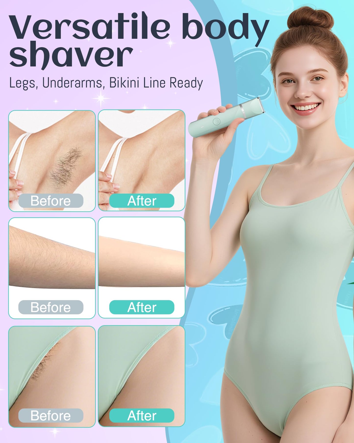 Bikini Trimmer Women,Electric Razor for Pubic Hair Women's Foil Shaver Rechargeable Shaver Removal with Snap-in Ceramic Blades,IP7X Waterproof,Wet and Dry Use,Green