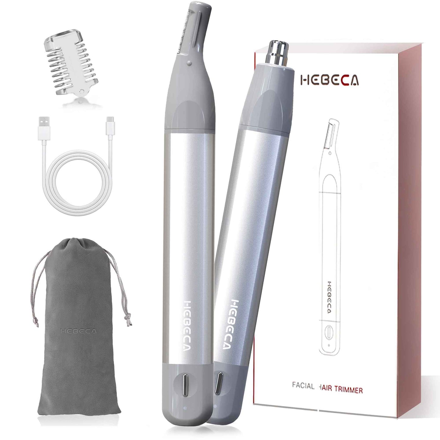 Nose Hair Trimmer for Women 3in1 Facial Hair Removal Trimmers- Rechargeable, Waterproof, Portable with Travel Bag- Trims Nose, Ear, Eyebrow, Peach-Fuzz, Lips, Chin Face Hair Remover (Silver Grey)
