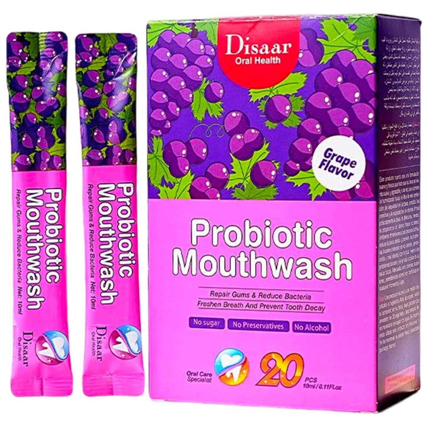 DISAAR BEAUTY Probiotic Mouthwash Removes Tooth Stains Soft Cool Mouth Feeling Protect Clean Deodorant Teeth 0.11fl.oz X 20pcs (Grape - Repair Gums & Fresh Breath & Prevent Decay)