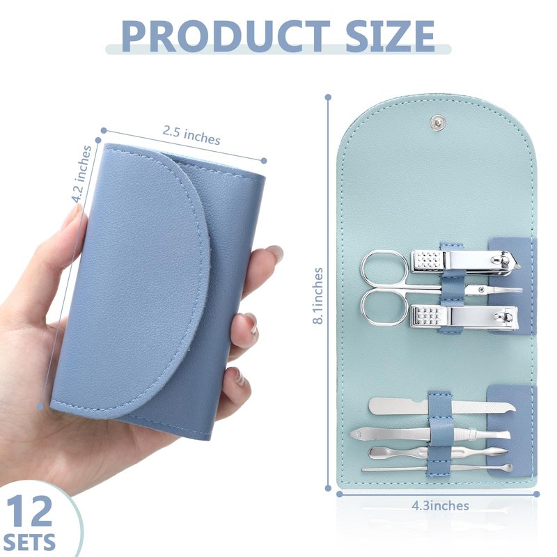 Lanties 12 Set Manicure Set Bulk Mini Manicure Nail Clipper Kit 7 in 1 Stainless Steel Professional Nail Care Pedicure with Travel Portable Bag Grooming Kits for Women Men Home(Dark Blue)