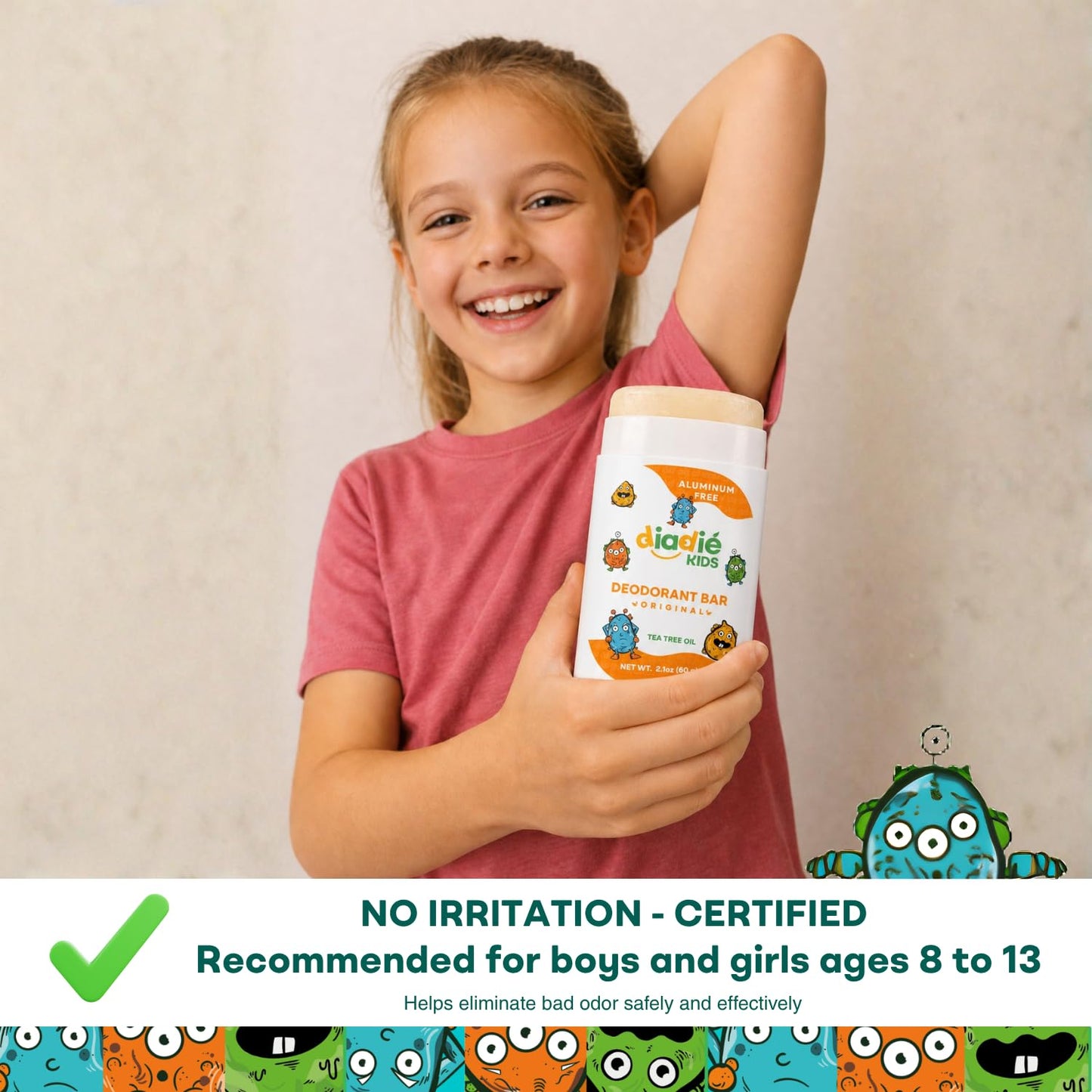 Diadié Kids Natural Deodorant Stick, for Boys & Girls, Aluminum-Free, Safe, Stick, 2.1oz each. 2 Pack