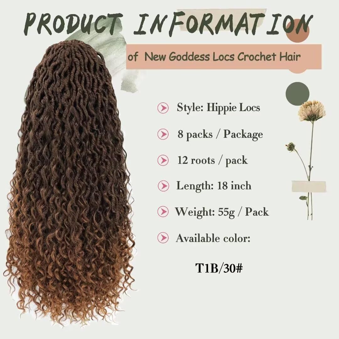Goddess Locs Crochet Hair - 18 Inch Ombre Brown Faux Locs with Curly Ends | 8 Packs Synthetic Hair Extensions