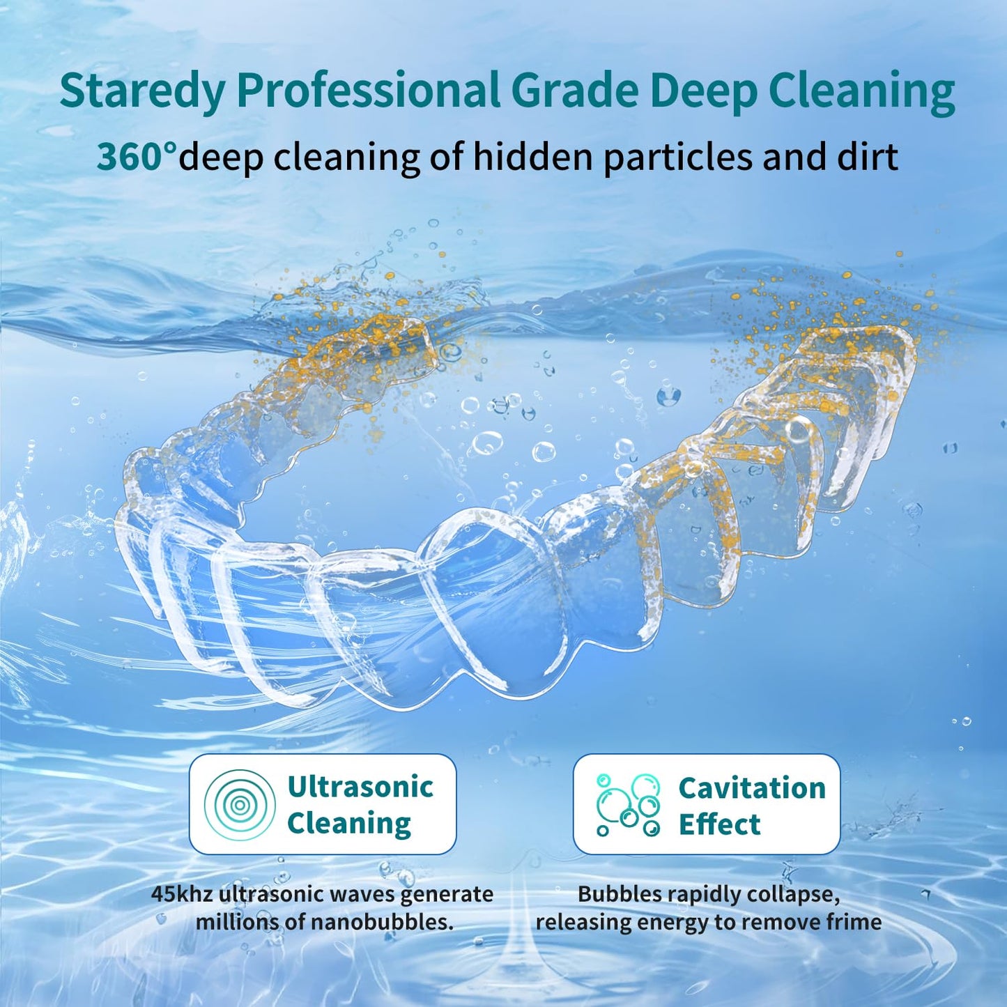 Staredy Ultrasonic Retainer Cleaner for Dentures,Oral Dental, 6 UV Lights-4 Mode-200ML Denture Cleaner Machine for Aligner,Braces, Jewelry with Mouth Guard Cleaner-Touchscreen (white)