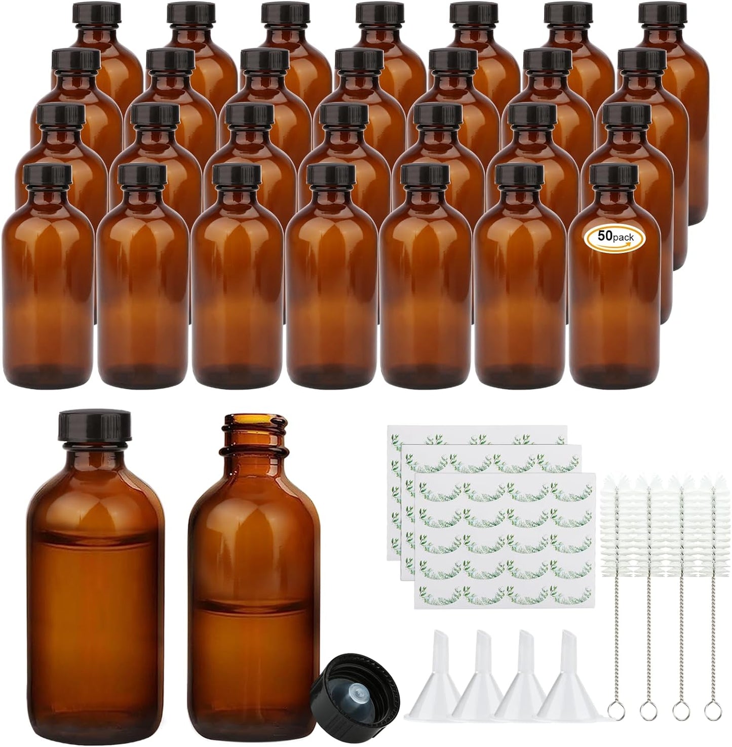 Maredash Amber Glass Bottles - 4oz Boston Round Containers with Leak-Proof Caps | 50 Pack for Essential Oils, Extracts & Herbal Remedies