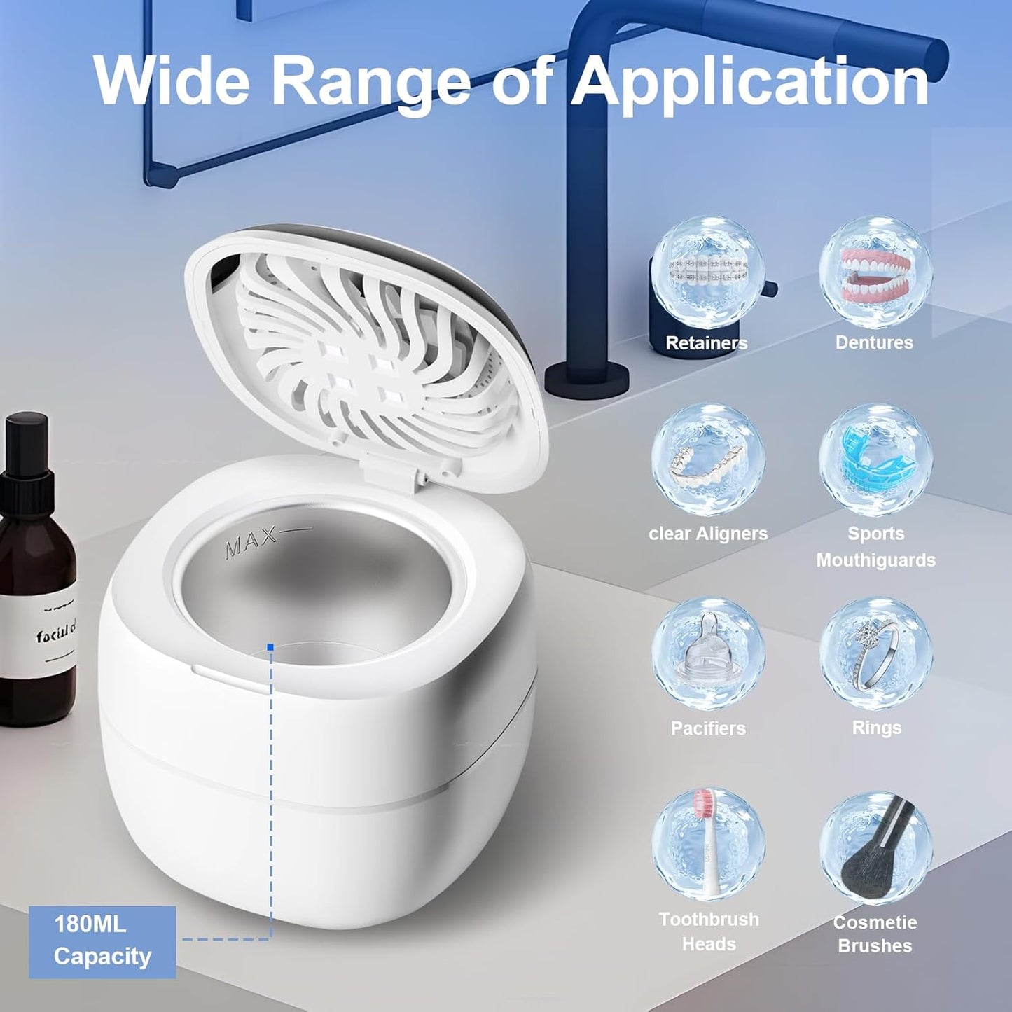 Ultrasonic Retainer Cleaner - 45kHz Digital Timer, 180ml for Dentures, Mouth Guards, Braces & Jewelry | White