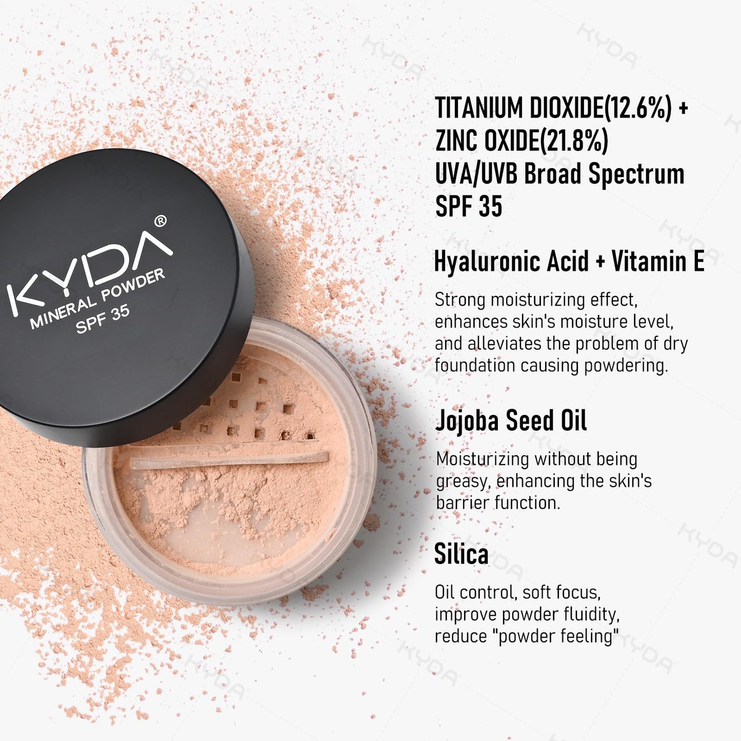 KYDA Mineral Powder Foundation, SPF 35, Lightweight Loose Powder, Skin-Improving, Buildable Coverage, Natural Glow Base Makeup, 0.28 oz, Medium Beige