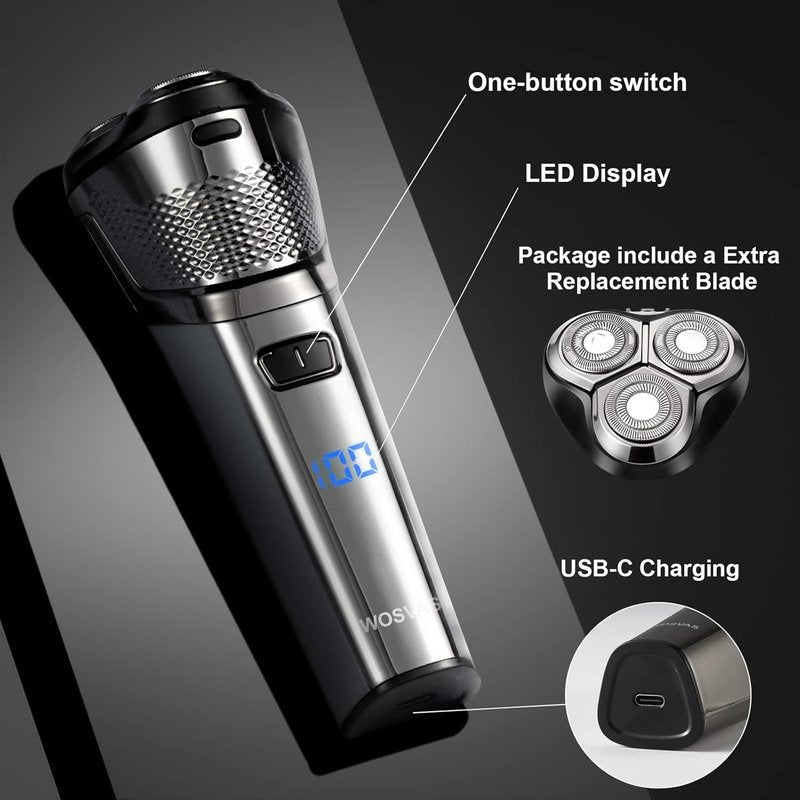 Electric Razor for Men - Waterproof Cordless Shaver with Extra Head & LED Display | Rechargeable USB-C Fast Charging