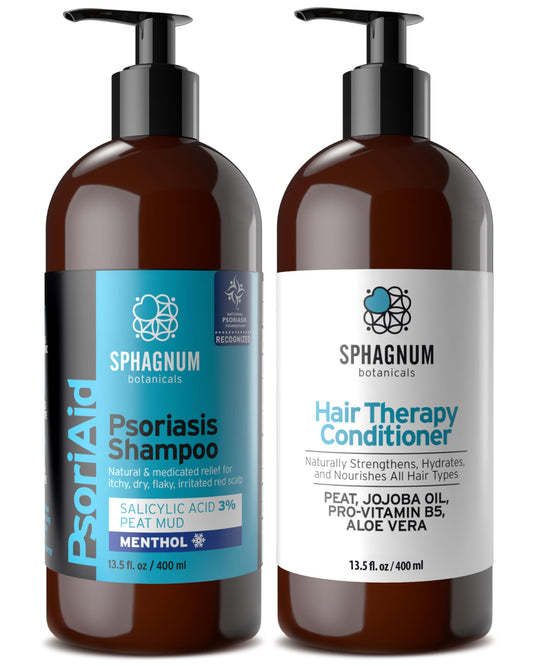 Sphagnum Botanicals Medicated Psoriasis Shampoo and Conditioner Set - Salicylic Acid 3% and Peat Mud Shampoo together with Jojoba Oil and Aloe Vera Condtioner. 2 x 8.45 fl. Oz