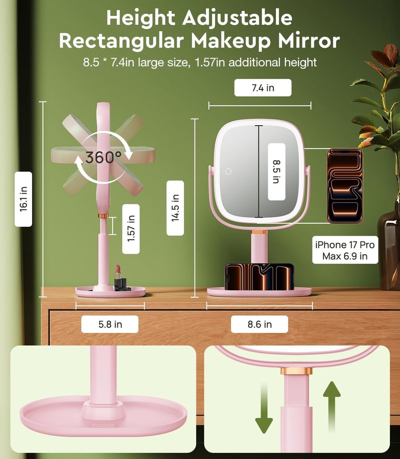 Height Adjustable Makeup Mirror with Lights - 1X 20X Magnification, Rechargeable 4000mAh, Desk Phone Stand & Tray Base | Pink